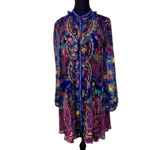 Saloni Floral Women's Dress 4 Silk Lined Full Button Front Chest Ruffle Sheer